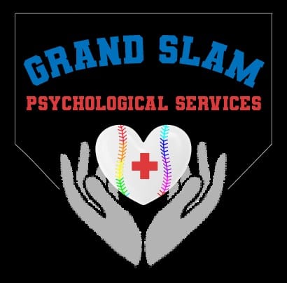 Black version of Grand Slam Psychological Services Logo that features the title and two gray hands cradling a white heart with rainbow laces and a red healing cross in the center.