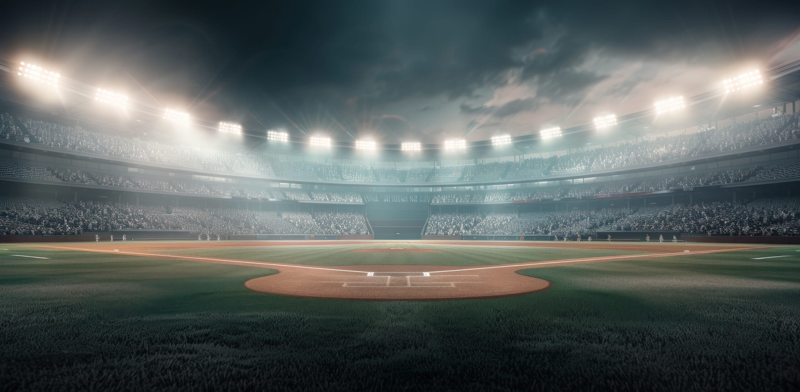 baseball stadium shot at nighttime with no players on the field in a full stadium.