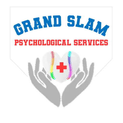 Grand Slam Psychological Services Logo that features the title and two gray hands cradling a white heart with rainbow laces and a red healing cross in the center.