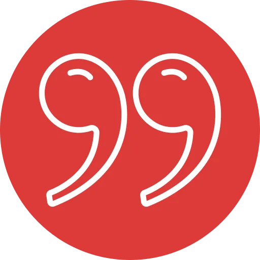 Red circle featuring two white quotation marks.