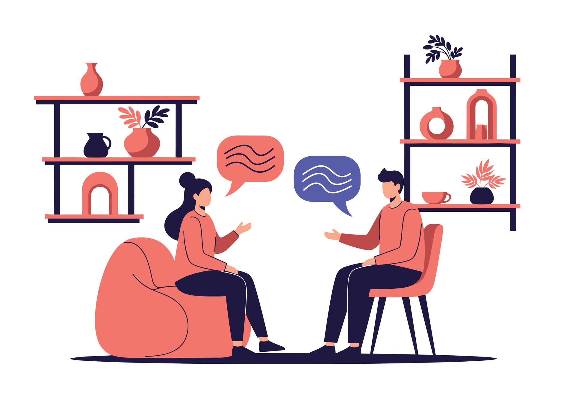 Man talking to a female therapist in a aesthetically pleasing space featuring minimialist plants and vases.