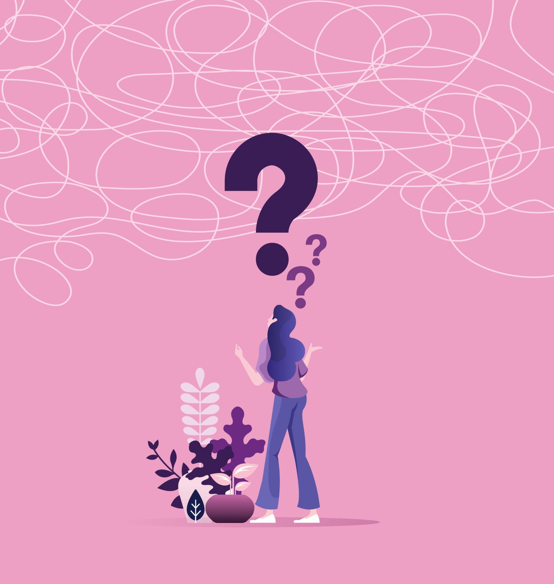 A cartoon illustration of a woman looking confused and features question marks of varying sizes above her head. There is a pink background and a few plants next to her.