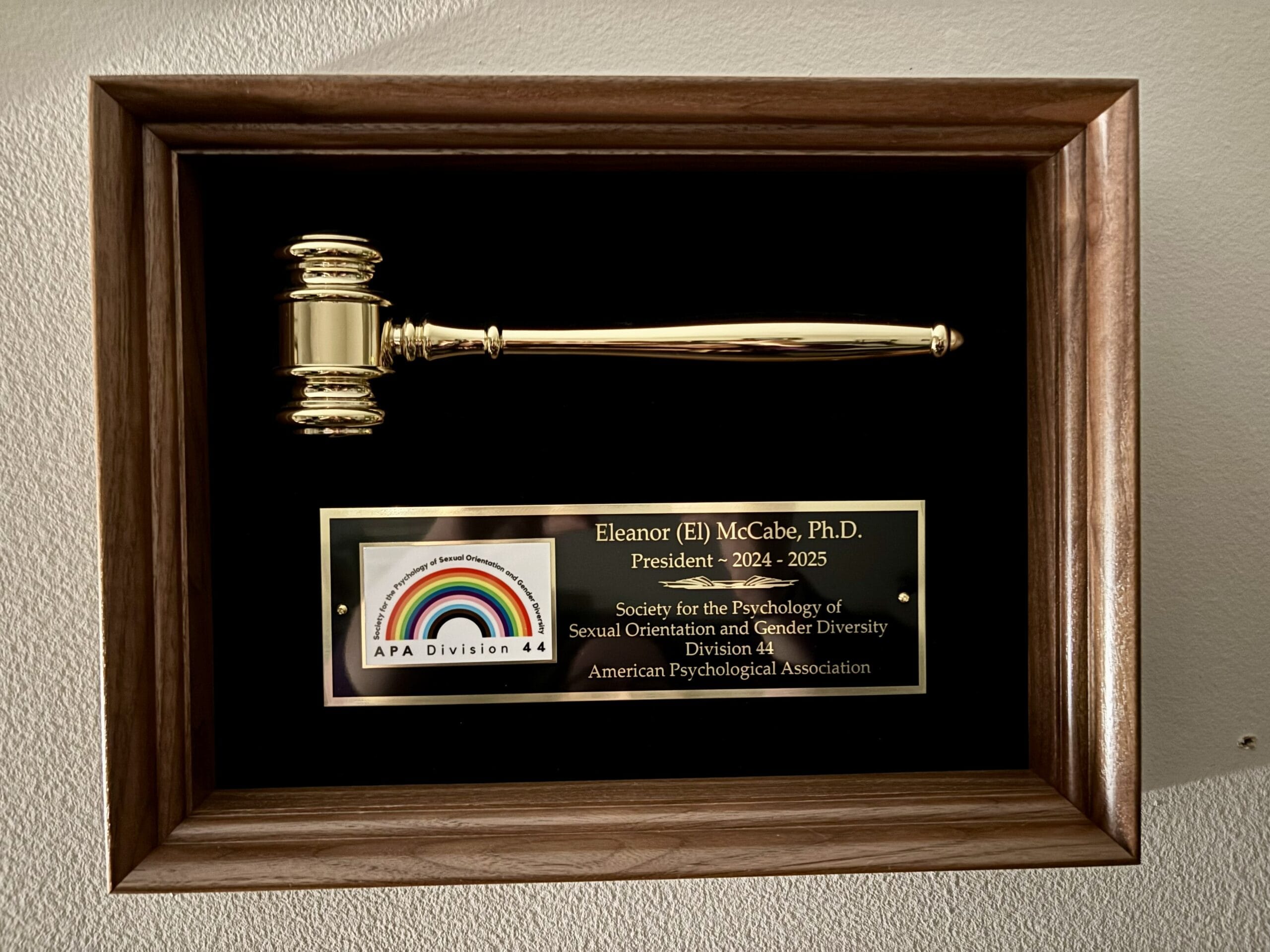 The plaque commemorating Dr. McCabe's year of service to APA Division 44, which features a golden gavel on a black background.