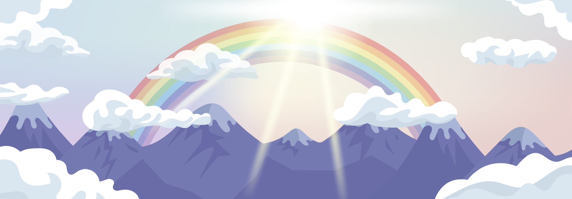 Cartoon illustration of a full rainbow over some mountains on a partially cloudy day.