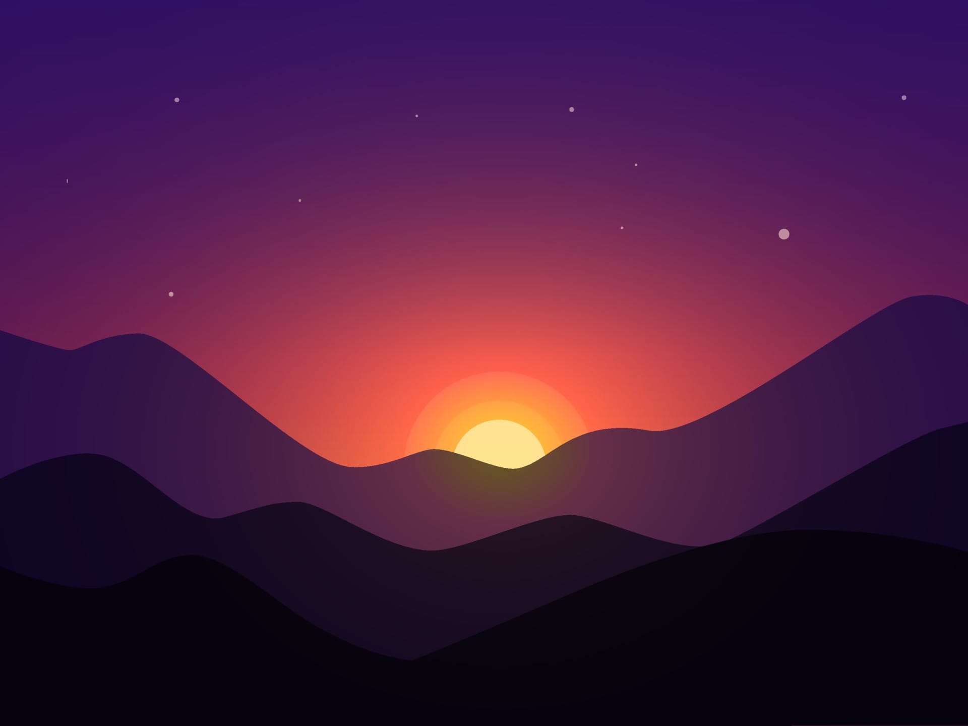 A vibrant sunset featuring black and purple mountains in the foreground and a radiating night sky (featuring stars) in the colors of orange, red, and purple.