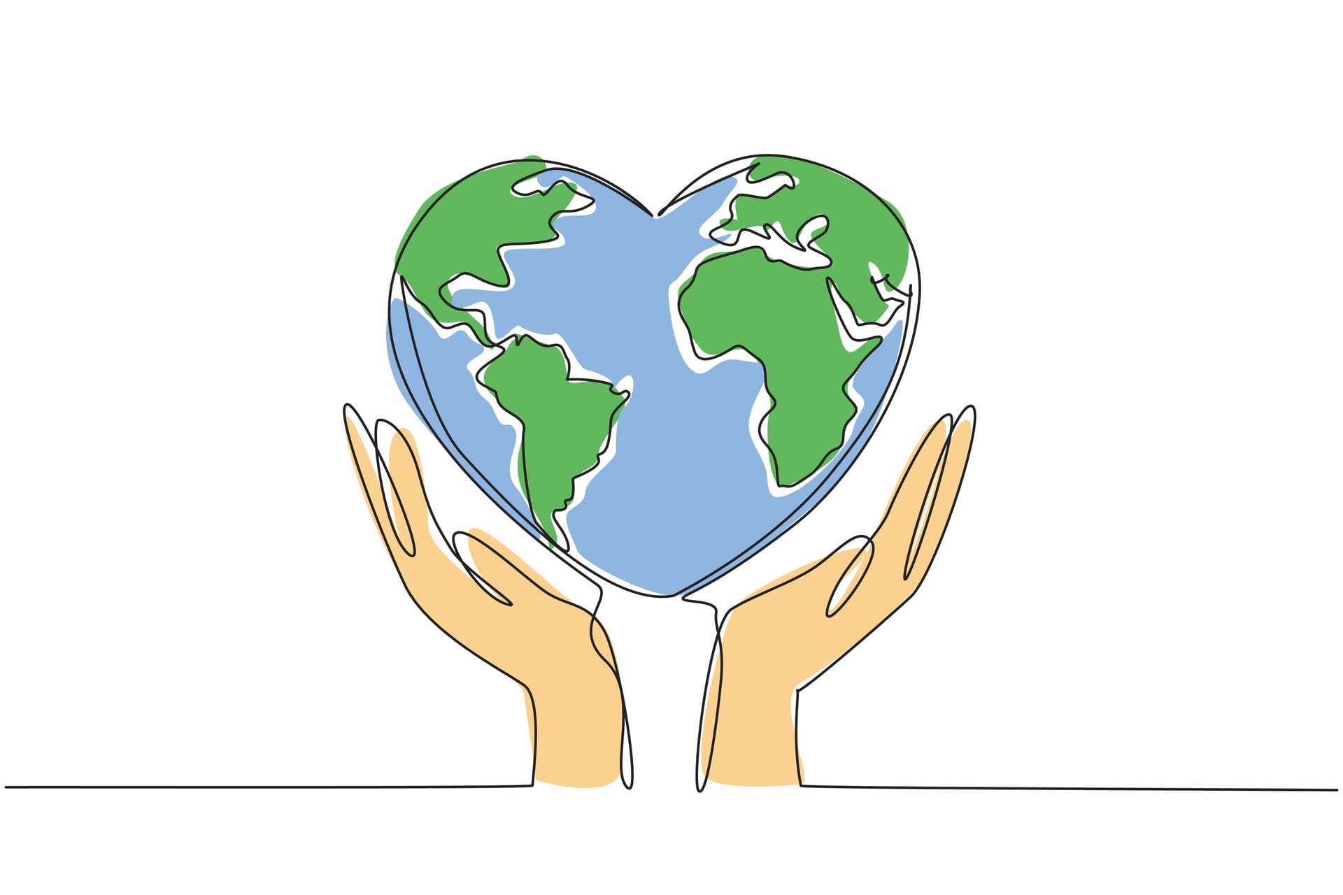 Two minimalist hands cradling a colorful roughly sketched heart with the world map inside of it.