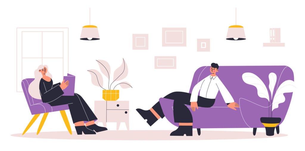 vecteezy_psychotherapy-help-individual-and-therapy-consultation-session_48383056 | Cartoon female therapist talking to a male client on purple furniture.