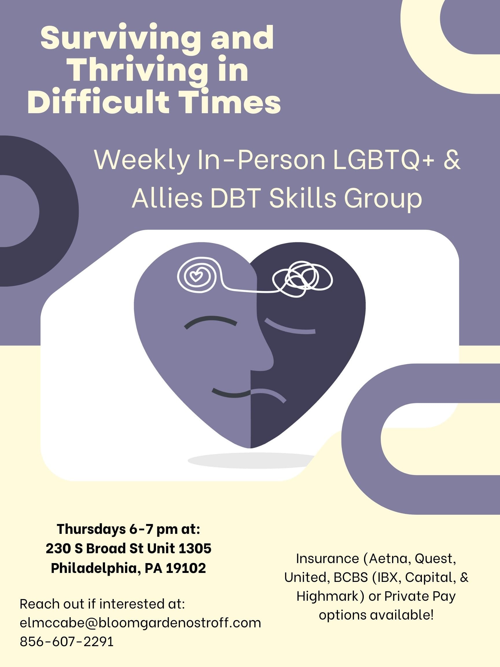 Poster for a weekly LGBTQ+ DBT skills group titled 'Surviving and Thriving in Difficult Times' with Philadelphia meeting details.