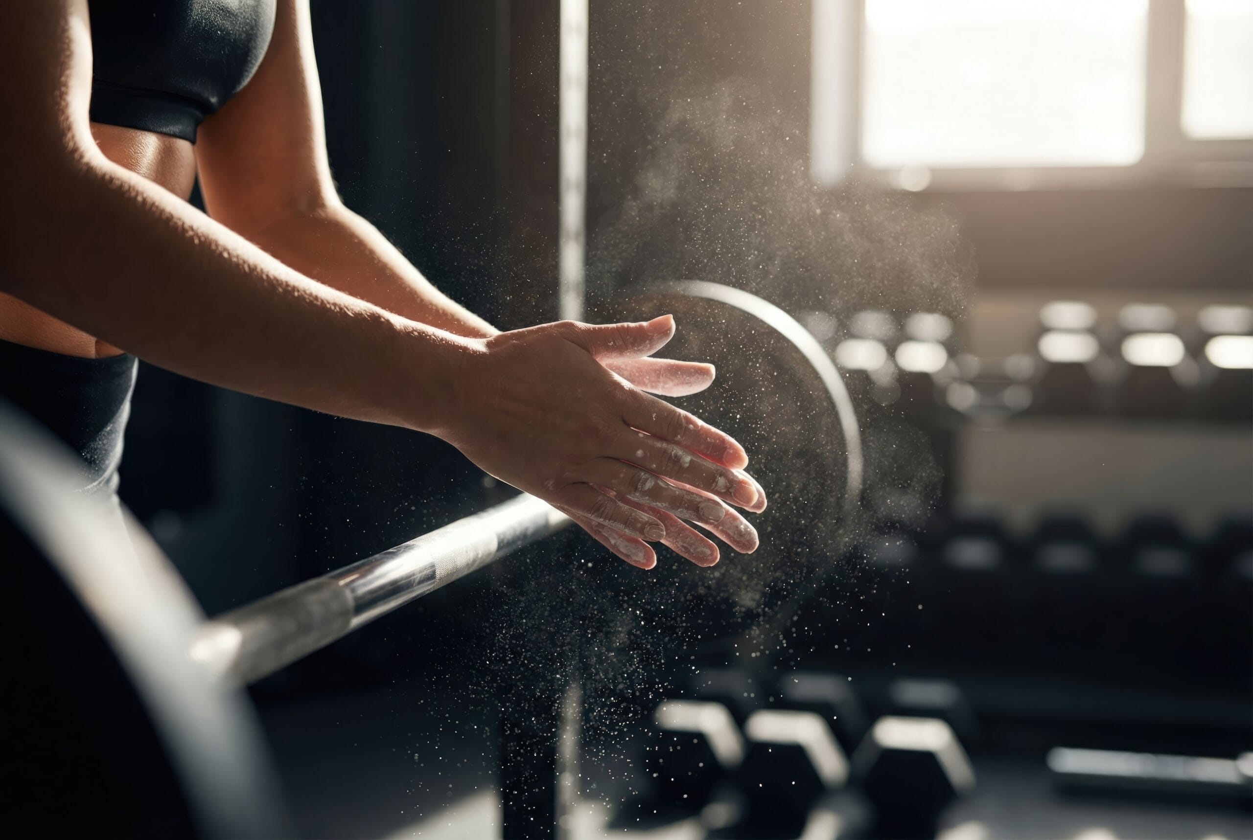 female powerlifter rubbing chalk on her hands