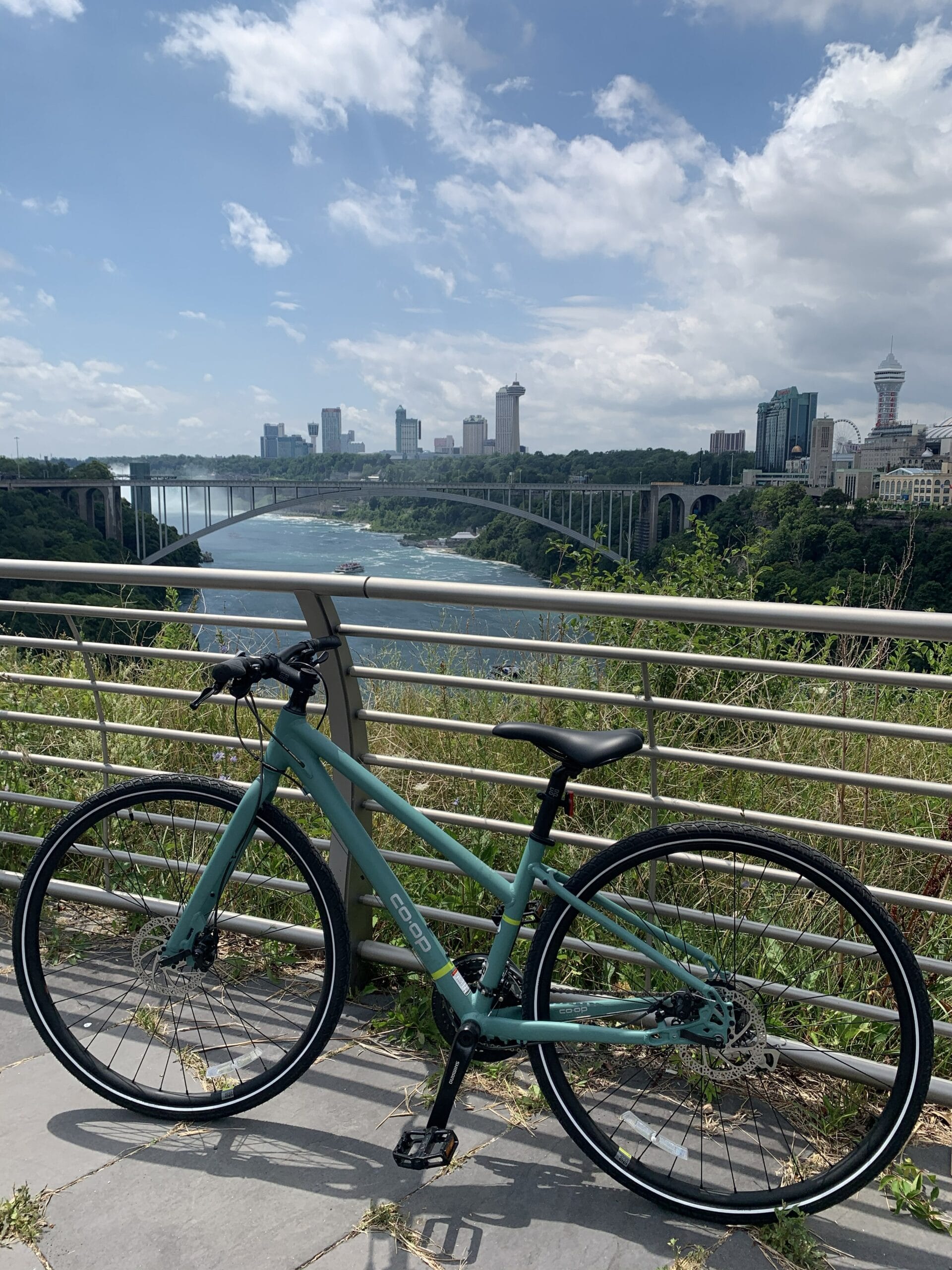 bike | Grand Slam Psych Turquoise bicycle locked to a metal railing on a riverside path with a city skyline and bridge in the distance.