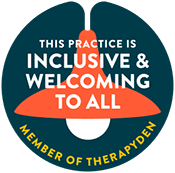 Circular badge proclaiming 'This practice is inclusive & welcoming to all,' indicating the practice is inclusive.